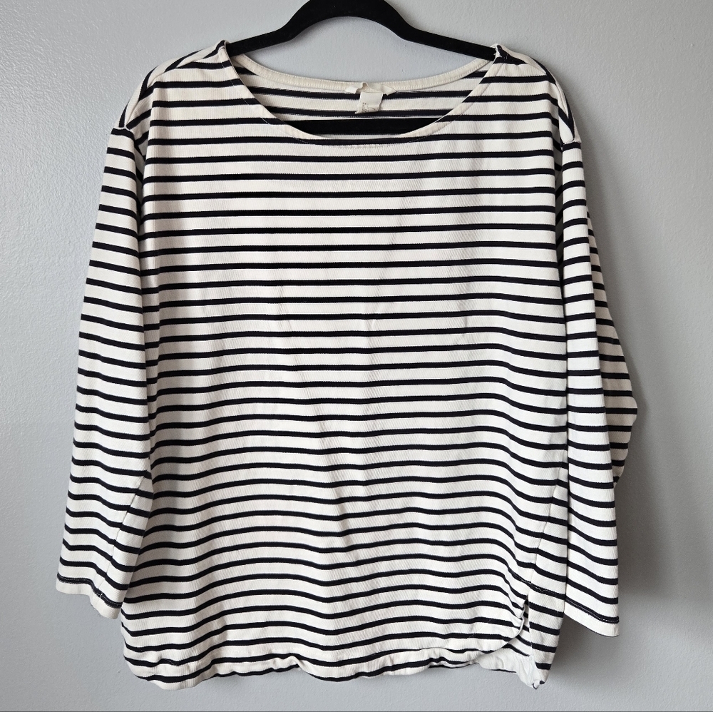 H&M 100% Cotton Black White Striped Long Sleeve Top Crew Neck Size Large